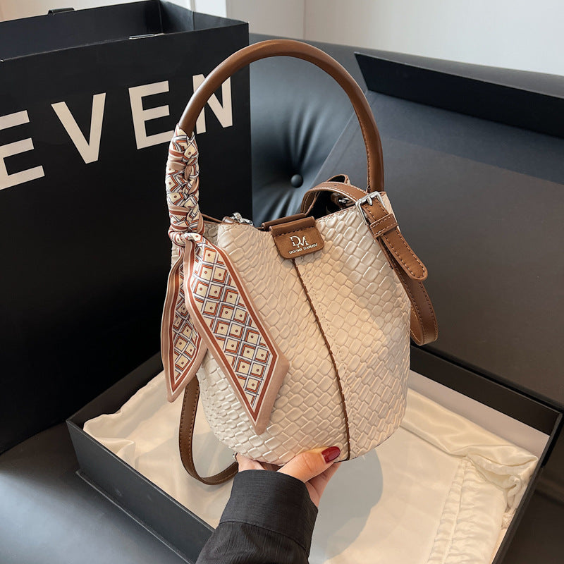 Women's Urban Minimalist PU Woven Magnetic Clasp Shoulder Bucket Bag – Back View | TajStylo