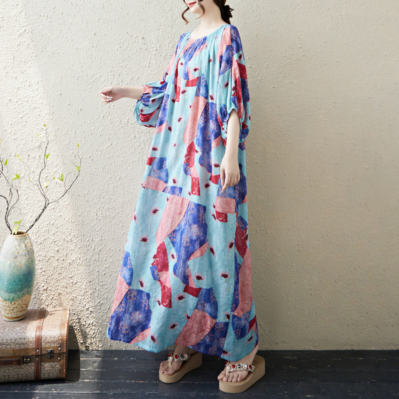 Woman wearing Multi-Color Printed Loose Dress in a sunny outdoor setting