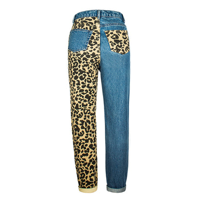 Woman wearing Leopard Print High Waist Boyfriend Jeans in a casual setting