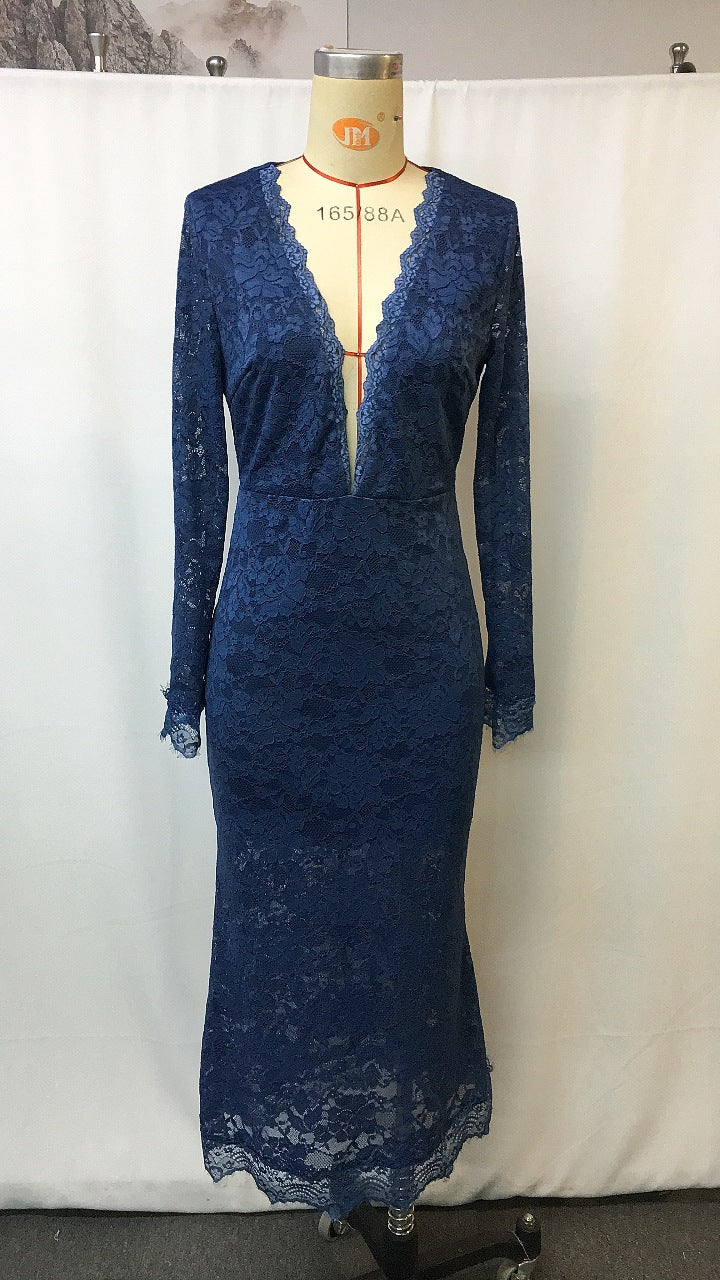 Lace Spliced V Neck Long Sleeve Bodycon Dress | Tajstylo