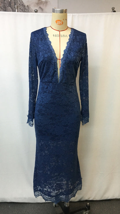 Lace Spliced V Neck Long Sleeve Bodycon Dress | Tajstylo