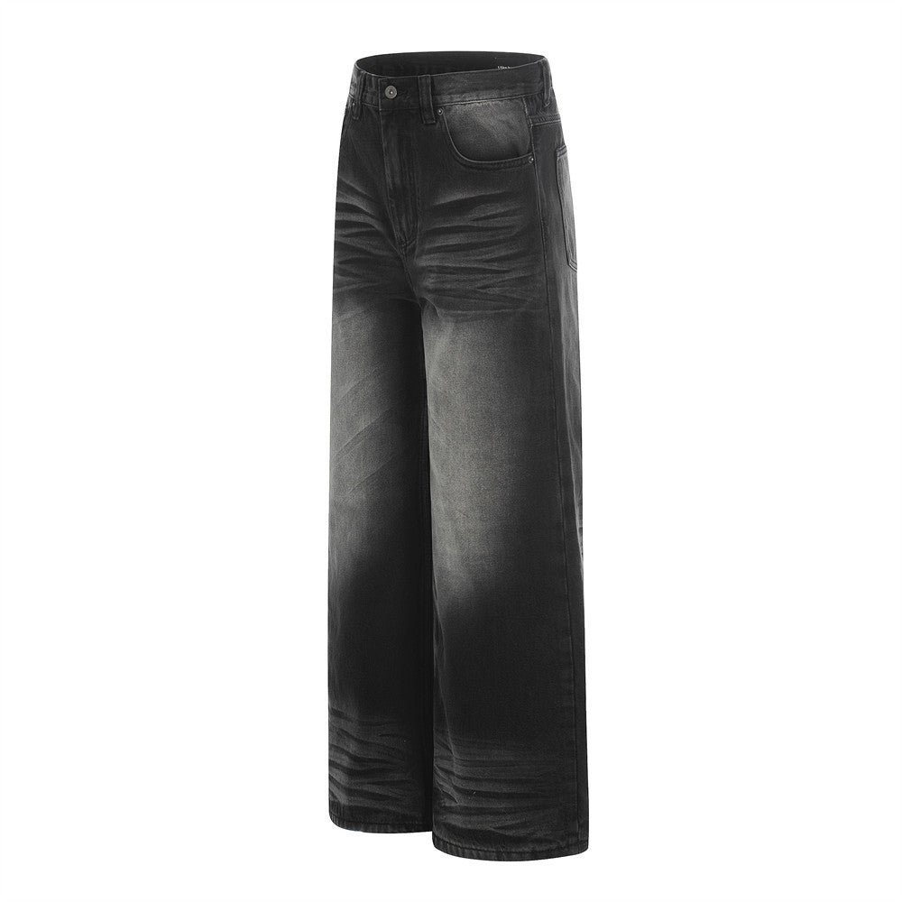 Woman wearing Distressed Black Washed Denim Straight Leg Pants in a street setting
