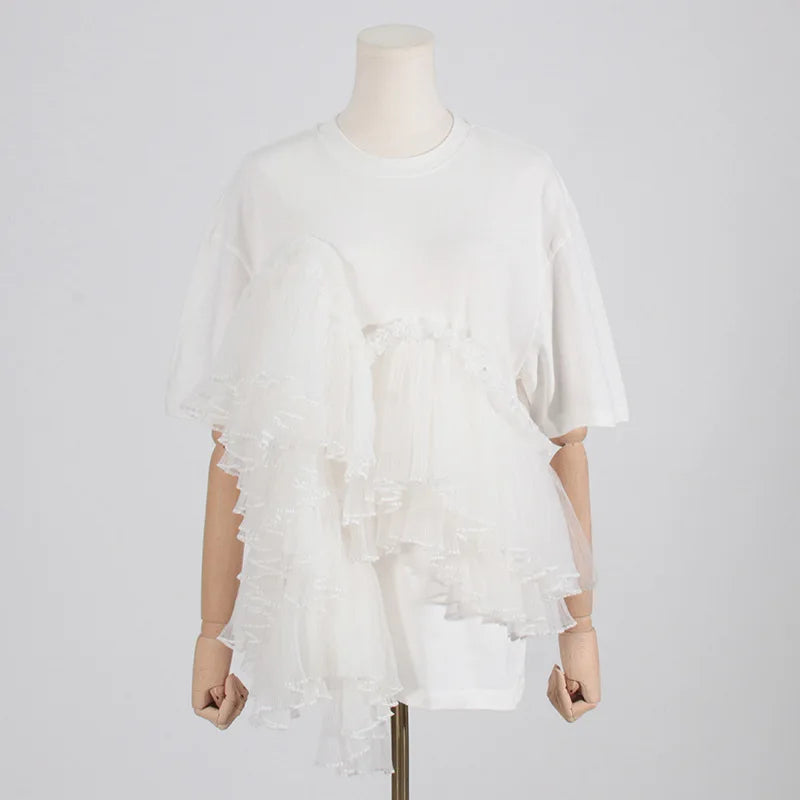 Cotton Mesh Patchwork Loose O Neck Short Sleeve T Shirt | Tajstylo