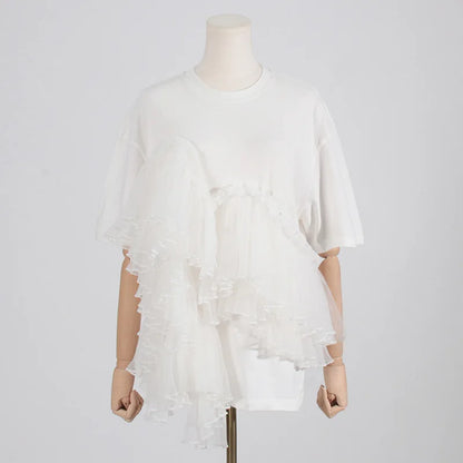 Cotton Mesh Patchwork Loose O Neck Short Sleeve T Shirt | Tajstylo