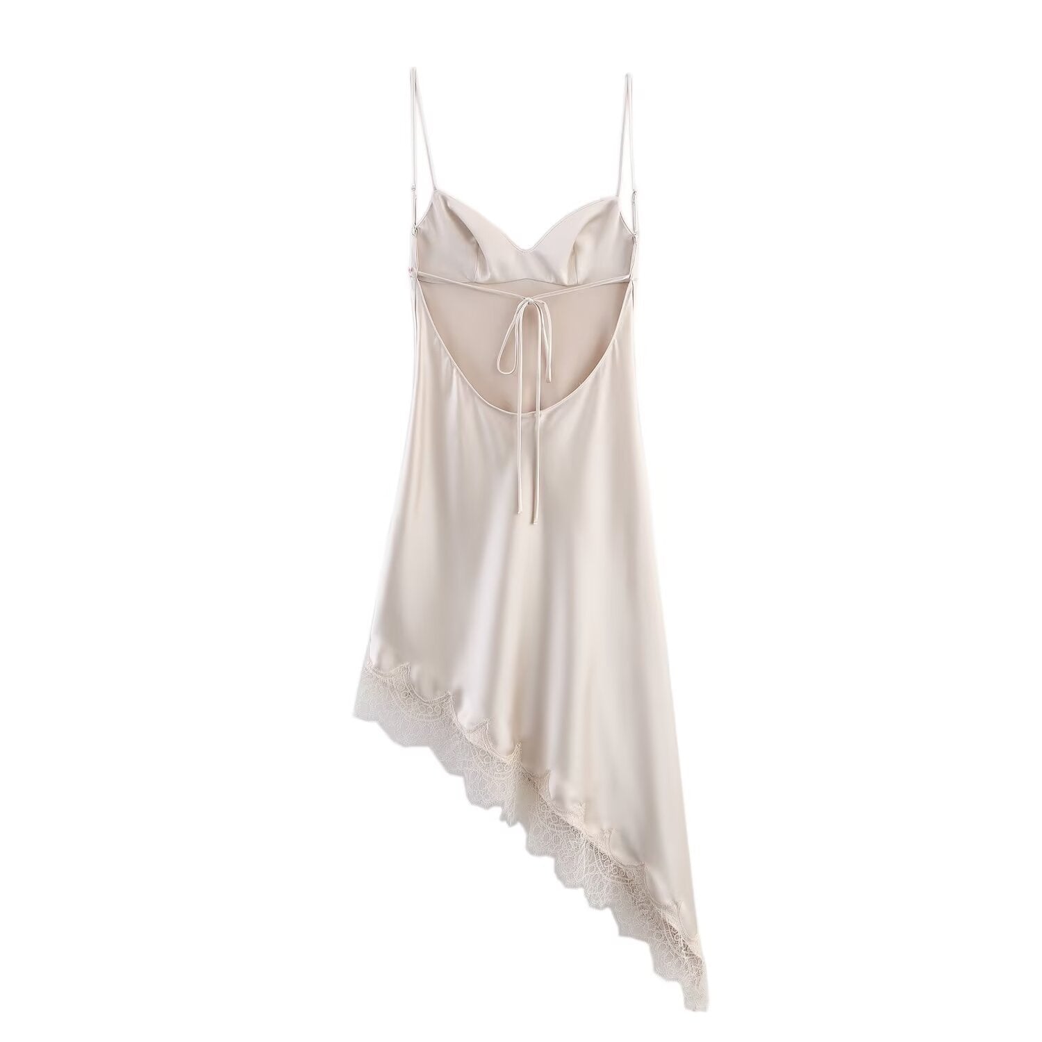 Woman wearing Champagne One Shoulder Lace Satin Camisole Dress in a stylish setting