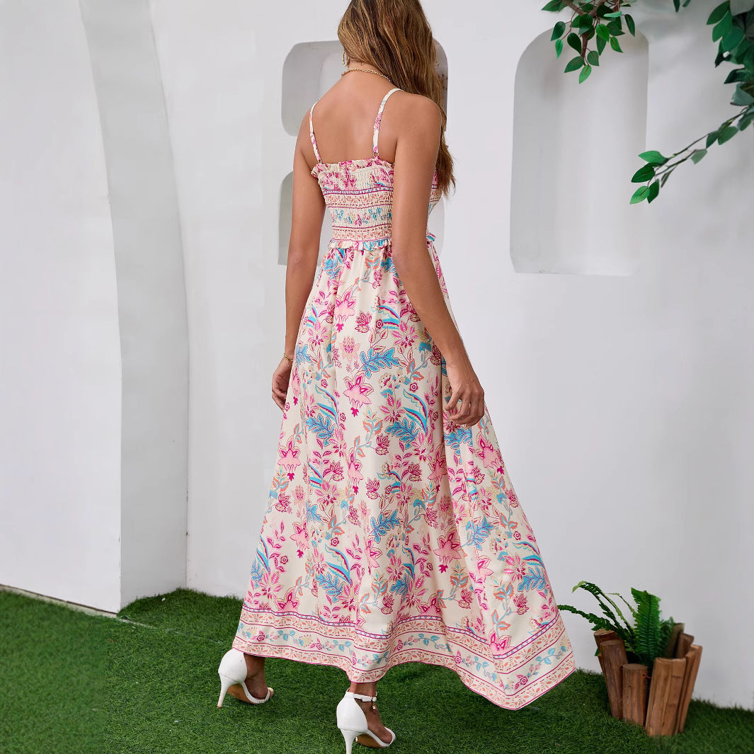 Woman wearing Bohemian Sleeveless Tie-up Backless Maxi Dress in a beach setting