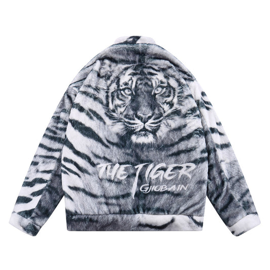 Woman wearing Tiger Print Plush Long Sleeve Sweatshirt in a casual setting