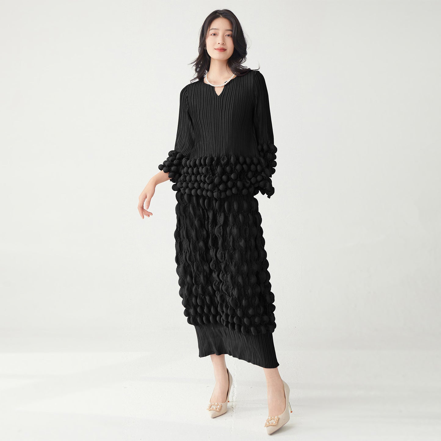 Woman wearing Elegant Two-Piece T-Shirt and Fitted Skirt Set in a stylish setting
