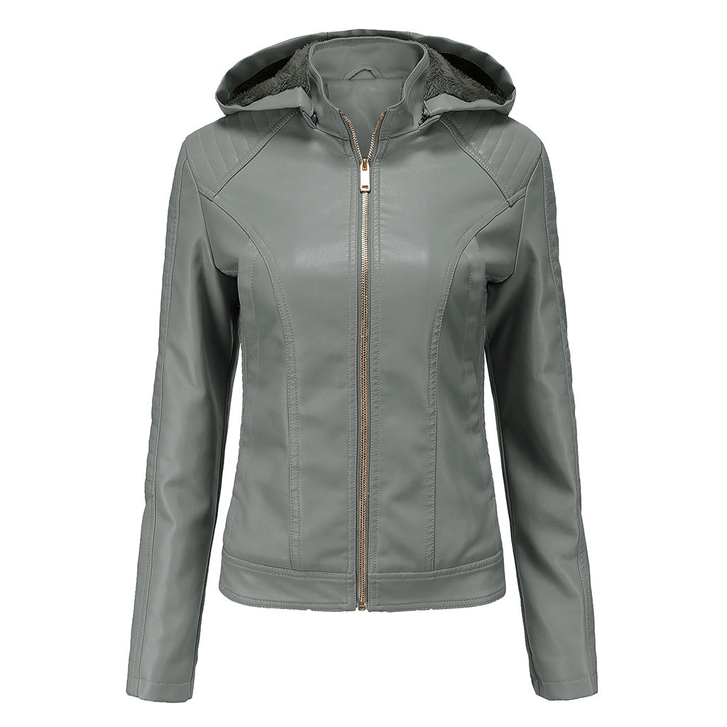 Woman wearing Hooded Long Sleeve Zip-Up Casual Jacket in a casual outdoor setting