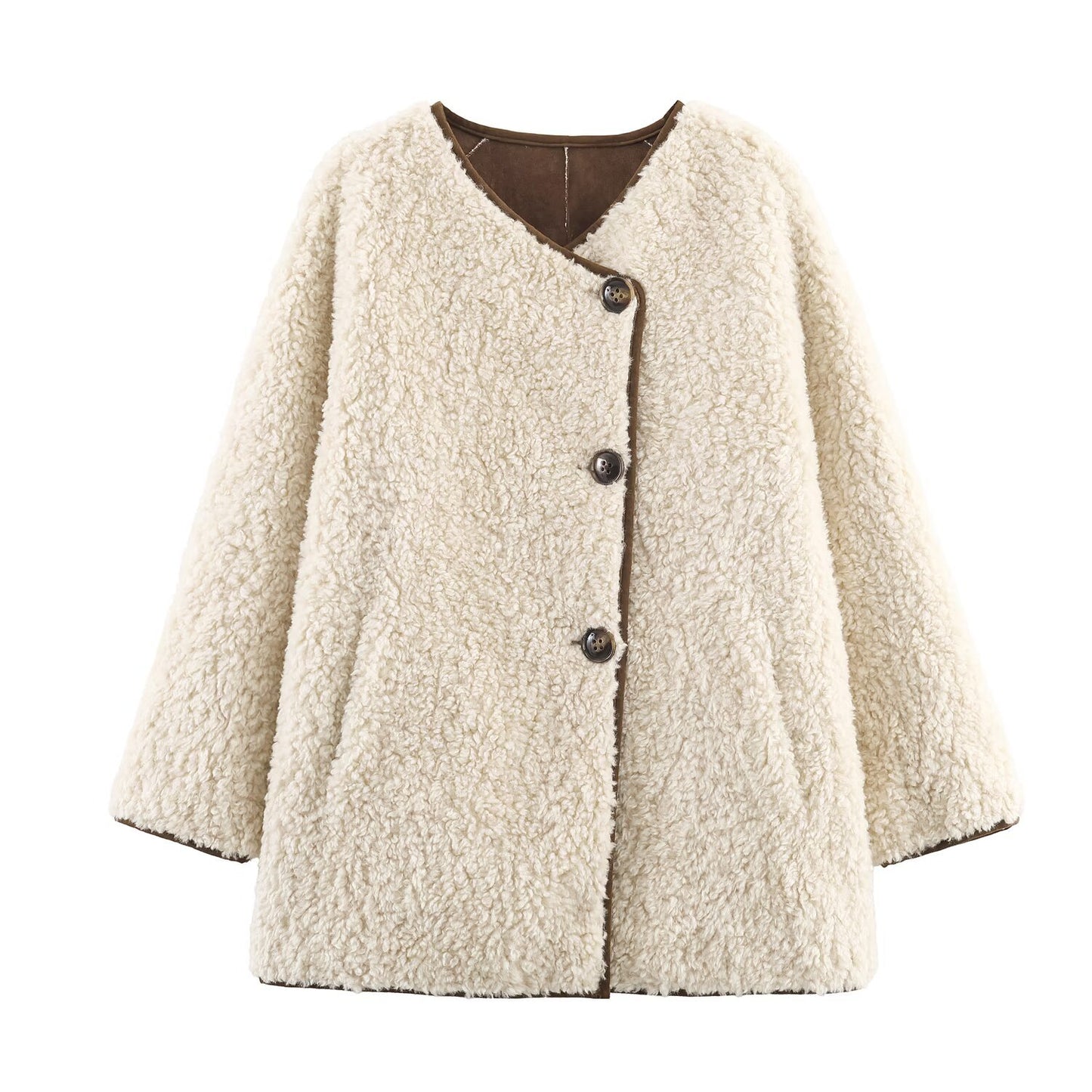 Woman wearing Lamb Fur Suede One-Piece Coat in a cozy outdoor setting