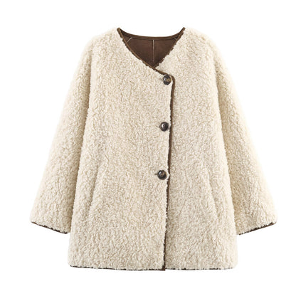 Woman wearing Lamb Fur Suede One-Piece Coat in a cozy outdoor setting