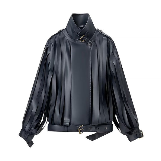 Woman wearing High Neck Long Sleeve Flowing Suede Jacket in a stylish urban setting