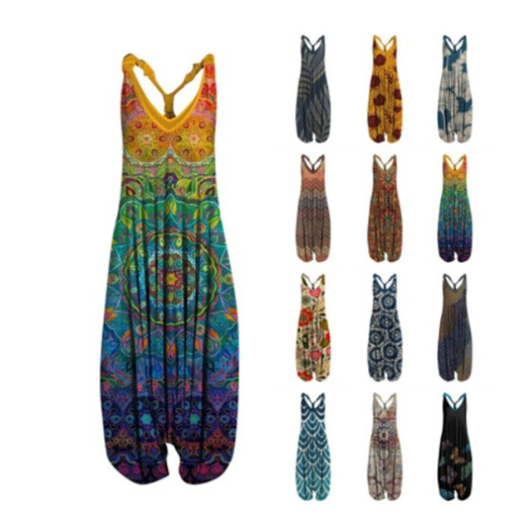 Woman wearing Printed Sleeveless Loose Knit Overalls in a city setting