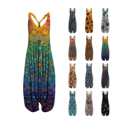 Woman wearing Printed Sleeveless Loose Knit Overalls in a city setting
