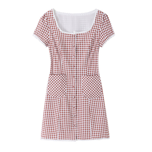 Plaid Lace Spliced Square Neck Mini Dress | Tajstylo
