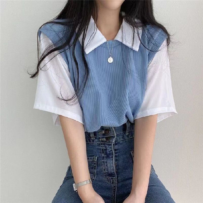 Woman wearing Two Tone Polo Neck Short Sleeve Top in a casual setting
