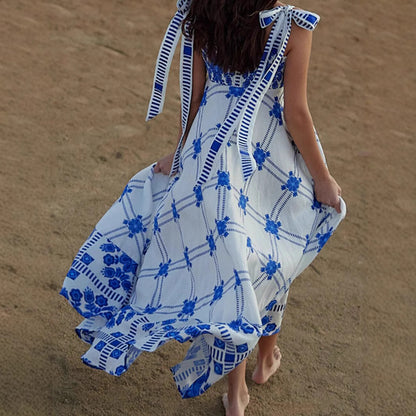 Woman wearing Lace Splice Strap Midi Dress in a sunny outdoor setting