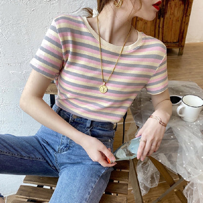 Woman wearing Women’s Stripe Short Sleeve Slim Fit Casual Top in a casual setting