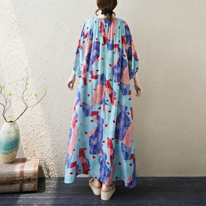 Woman wearing Multi-Color Printed Loose Dress in a sunny outdoor setting