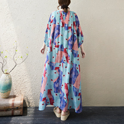 Woman wearing Multi-Color Printed Loose Dress in a sunny outdoor setting