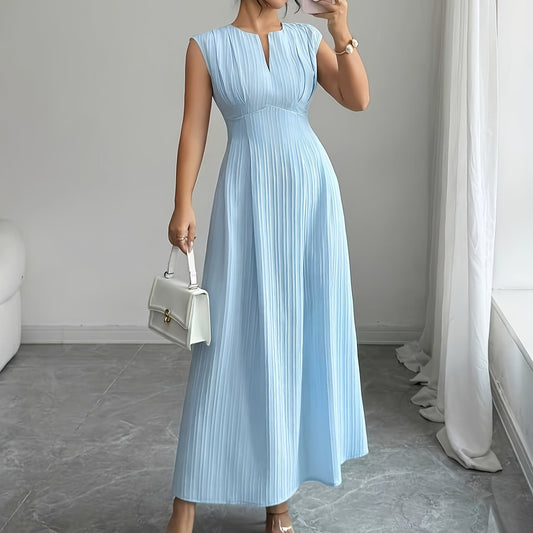 V-Neck Sleeveless Pleated Long Dress | Tajstylo
