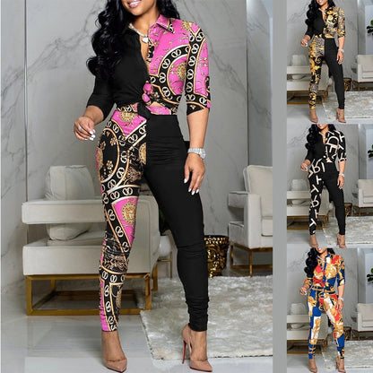 Woman wearing Chain Print Two Piece Set in an autumn setting