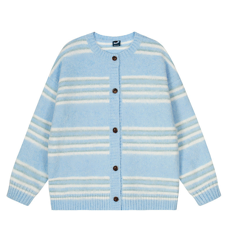 Woman wearing Striped Loose Fit Long Sleeve Cardigan Sweater in a casual setting