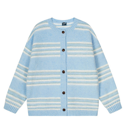 Woman wearing Striped Loose Fit Long Sleeve Cardigan Sweater in a casual setting
