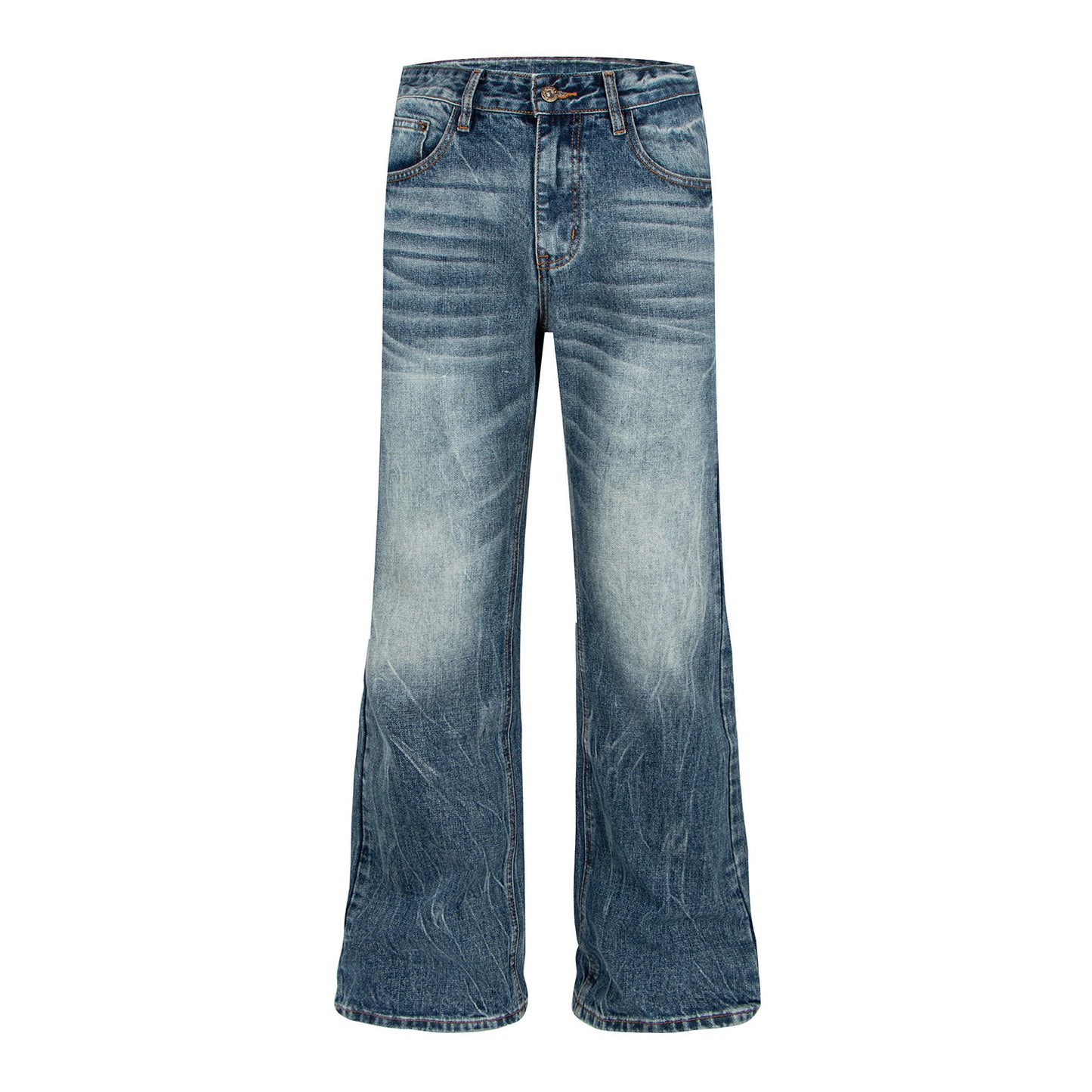 Woman wearing Washed Catwhisker Lightning Pattern Denim Pants in a casual setting
