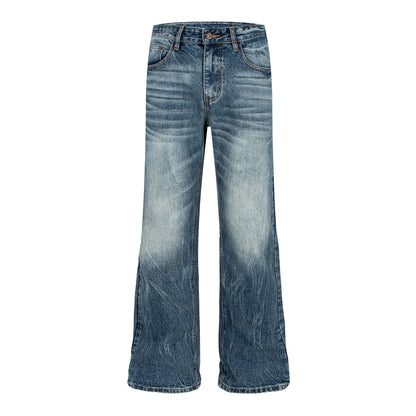 Woman wearing Washed Catwhisker Lightning Pattern Denim Pants in a casual setting