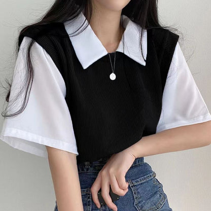 Two Tone Polo Neck Short Sleeve Top | Tajstylo