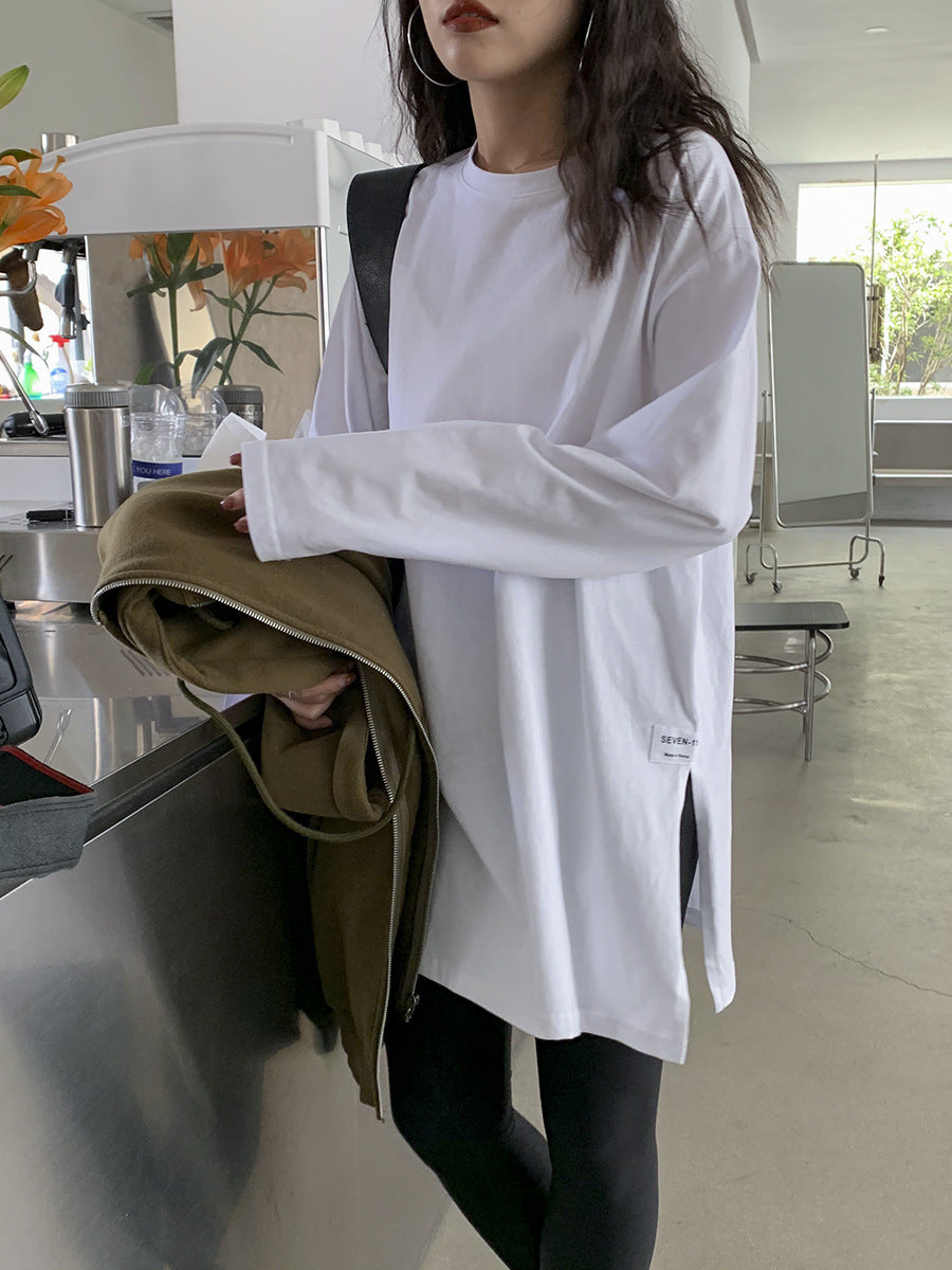 Solid Color Side Slit Long Sleeve T-Shirt | Tajstylo