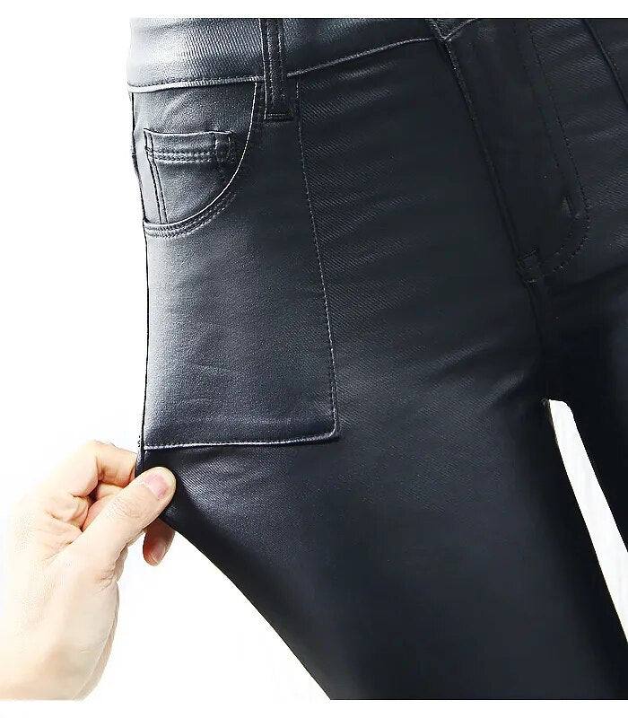 Black PU Leather Warm Fleece Pants | Tajstylo