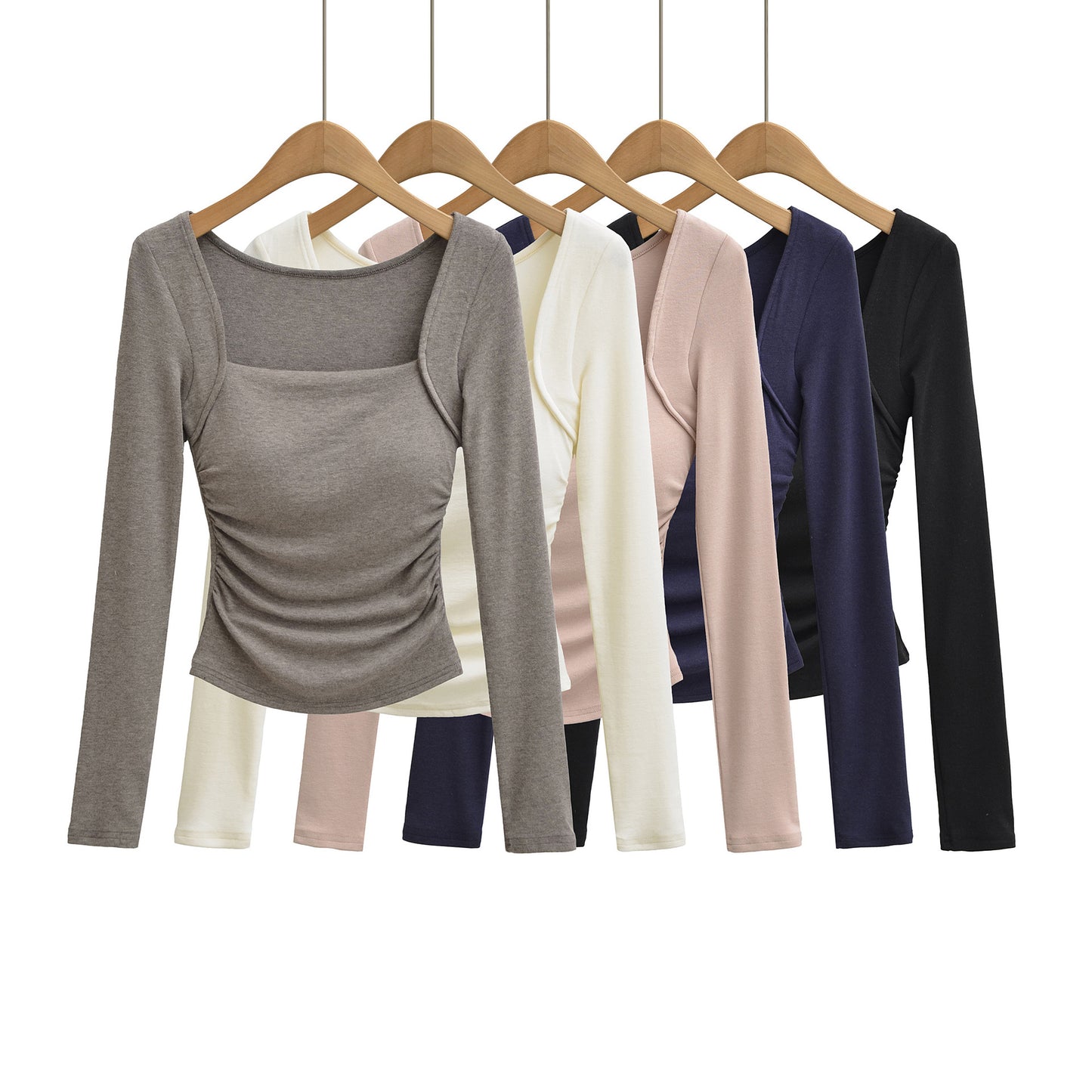Woman wearing Square Neck Pleated Long Sleeve T-Shirt in a stylish urban setting