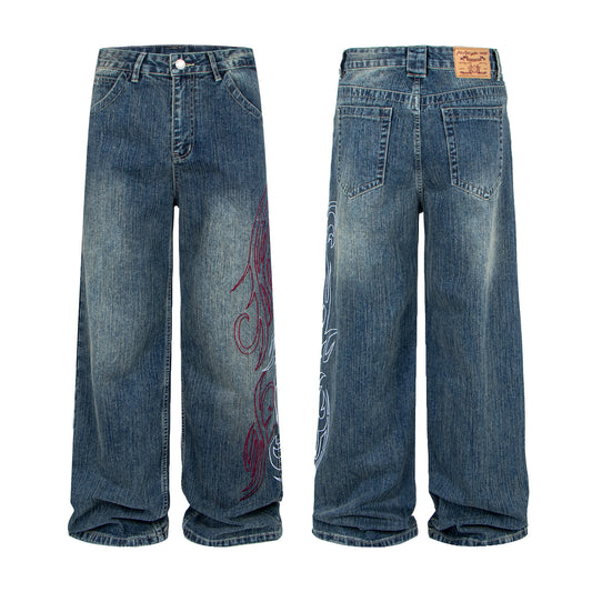 Woman wearing Original Retro Embroidered Bamboo Denim Pants in a casual setting