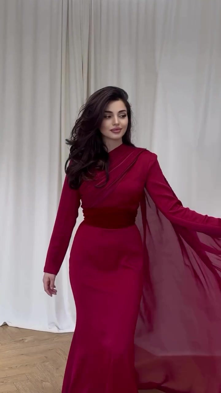 Velvet Cape Long Sleeve Dress | Tajstylo