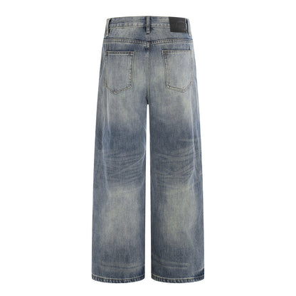 Washed Blue Denim Straight Leg Pants | Tajstylo