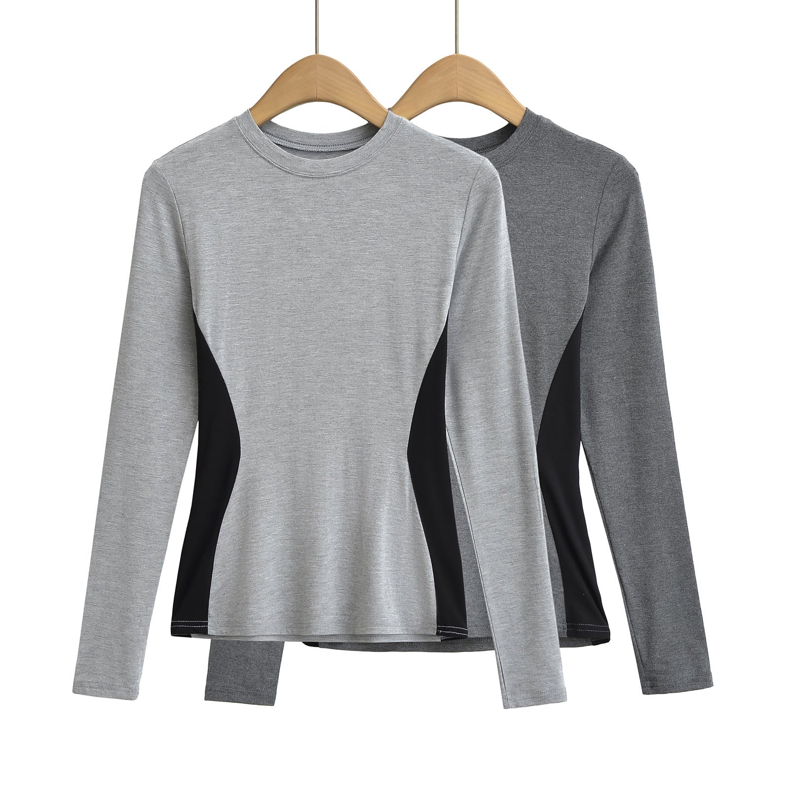 Woman wearing Elastic Slim Fit Color Block Long Sleeve T-Shirt in a casual setting