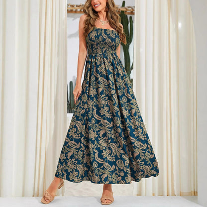 Woman wearing One-Shoulder Floral Print Maxi Dress in a sunny garden