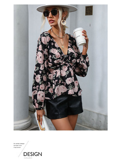 Chiffon Print V Neck Long Sleeve Shirt | Tajstylo