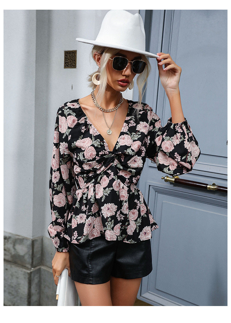 Chiffon Print V Neck Long Sleeve Shirt | Tajstylo