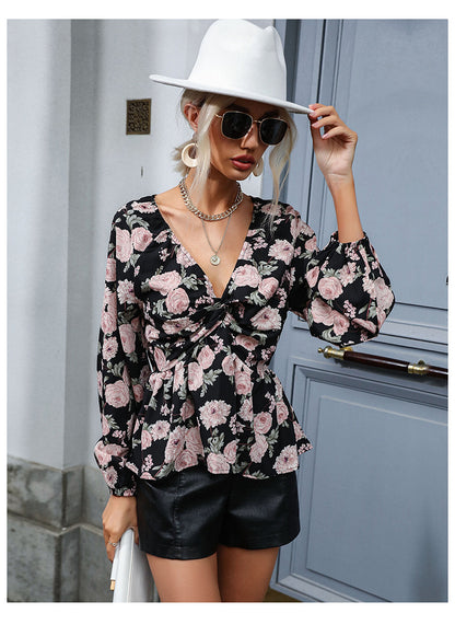 Chiffon Print V Neck Long Sleeve Shirt | Tajstylo