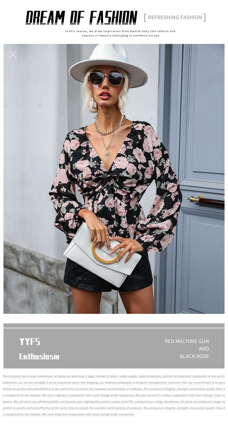 Chiffon Print V Neck Long Sleeve Shirt | Tajstylo
