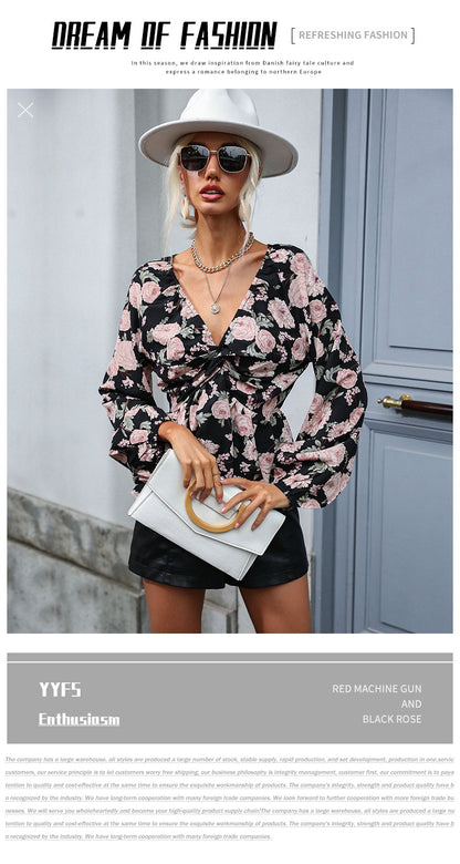 Chiffon Print V Neck Long Sleeve Shirt | Tajstylo