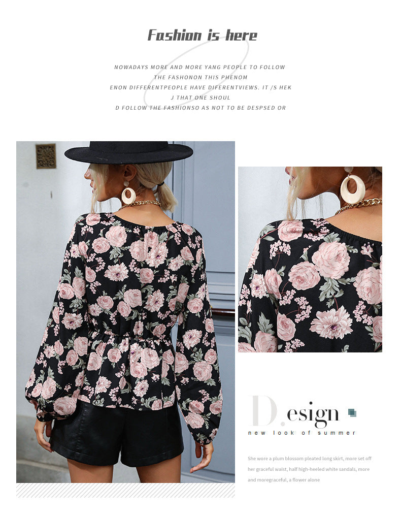 Chiffon Print V Neck Long Sleeve Shirt | Tajstylo