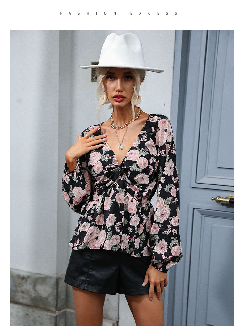 Chiffon Print V Neck Long Sleeve Shirt | Tajstylo