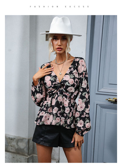 Chiffon Print V Neck Long Sleeve Shirt | Tajstylo