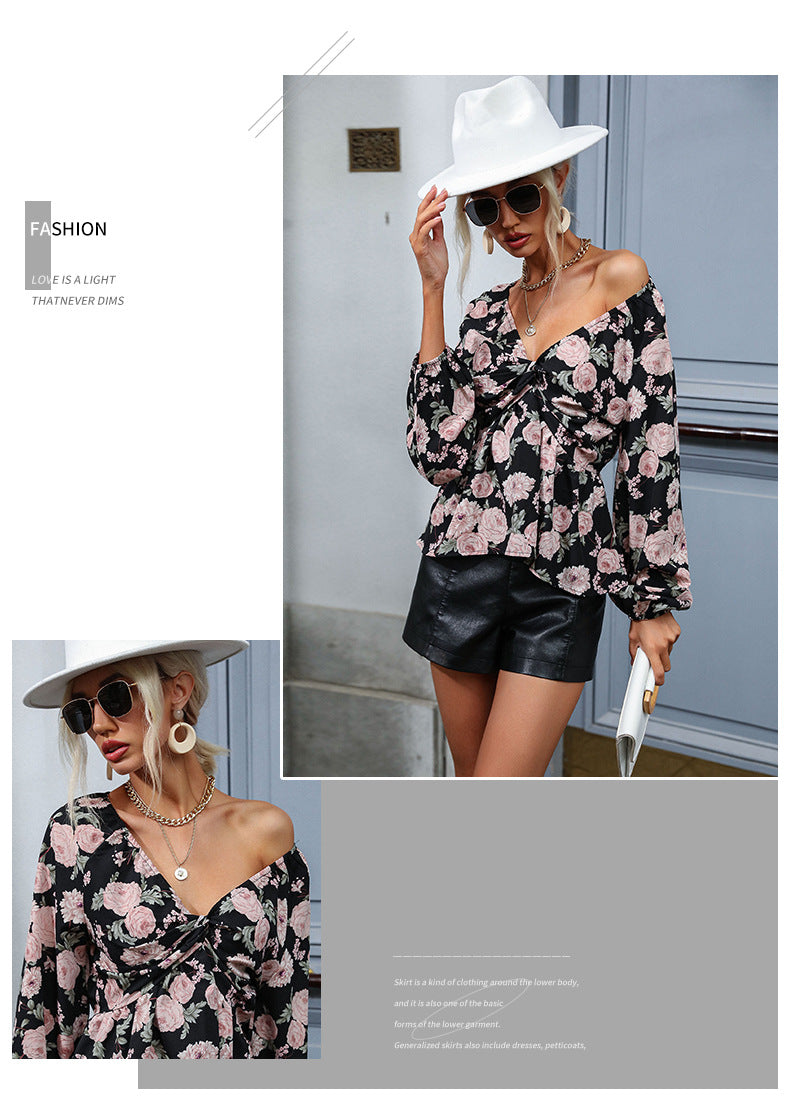 Chiffon Print V Neck Long Sleeve Shirt | Tajstylo