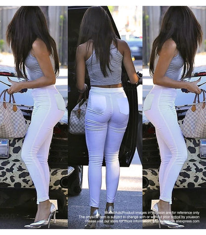 High Waist White Skinny Stretch Denim Jeans | Tajstylo