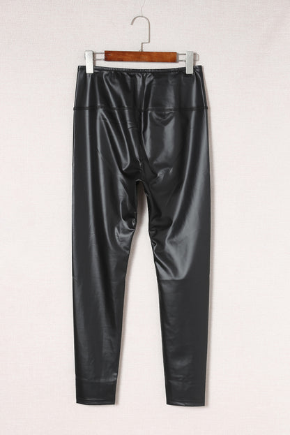 Woman wearing Black Faux Leather High Waist Leggings in a trendy urban setting